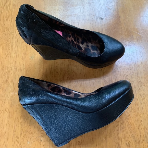 Betsey Johnson Shoes - BETSY Johnson Wedge leather pumps corset on the back heels, platforms, Size 8